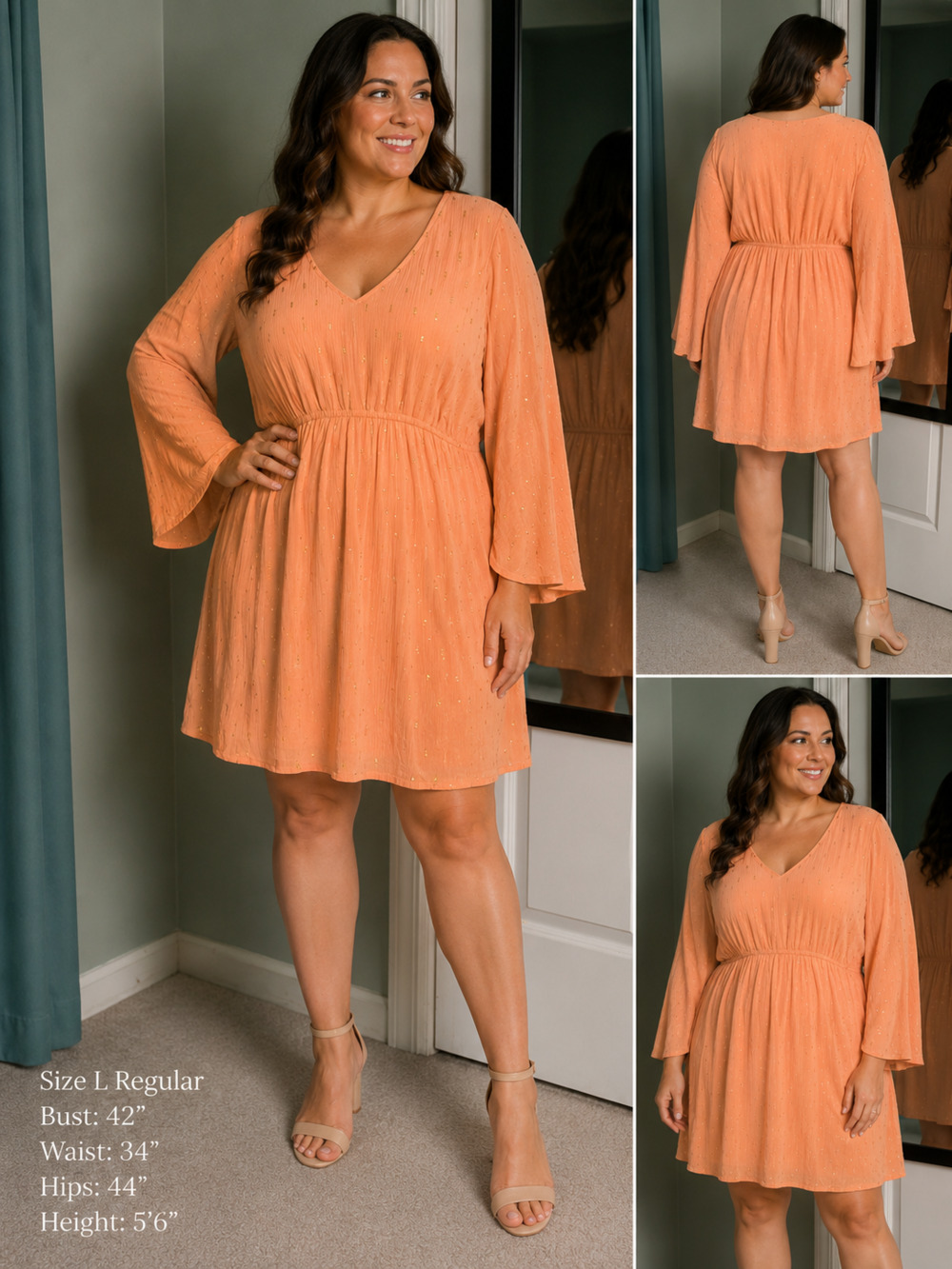 Cato Large Peach Gold Metallic Lurex Bell Sleeve Boho Mini Dress Festival